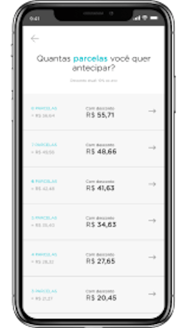 Imagem do aplicativo do Nubank com opções das parcelas para serem antecipadas
