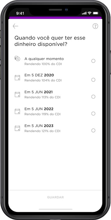 Image of the Nubank's app showing the planned savings functionality, with several date options and what would be the yield of each option