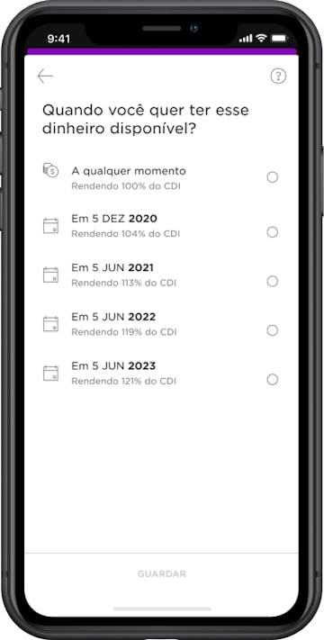 Image do aplicativo do Nubank mostrando a funcionalidade de resgate planejado, com várias opções de datas e qual seria o rendimento de cada opção