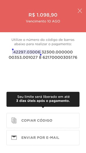 Boleto gerado aparece na tela do app