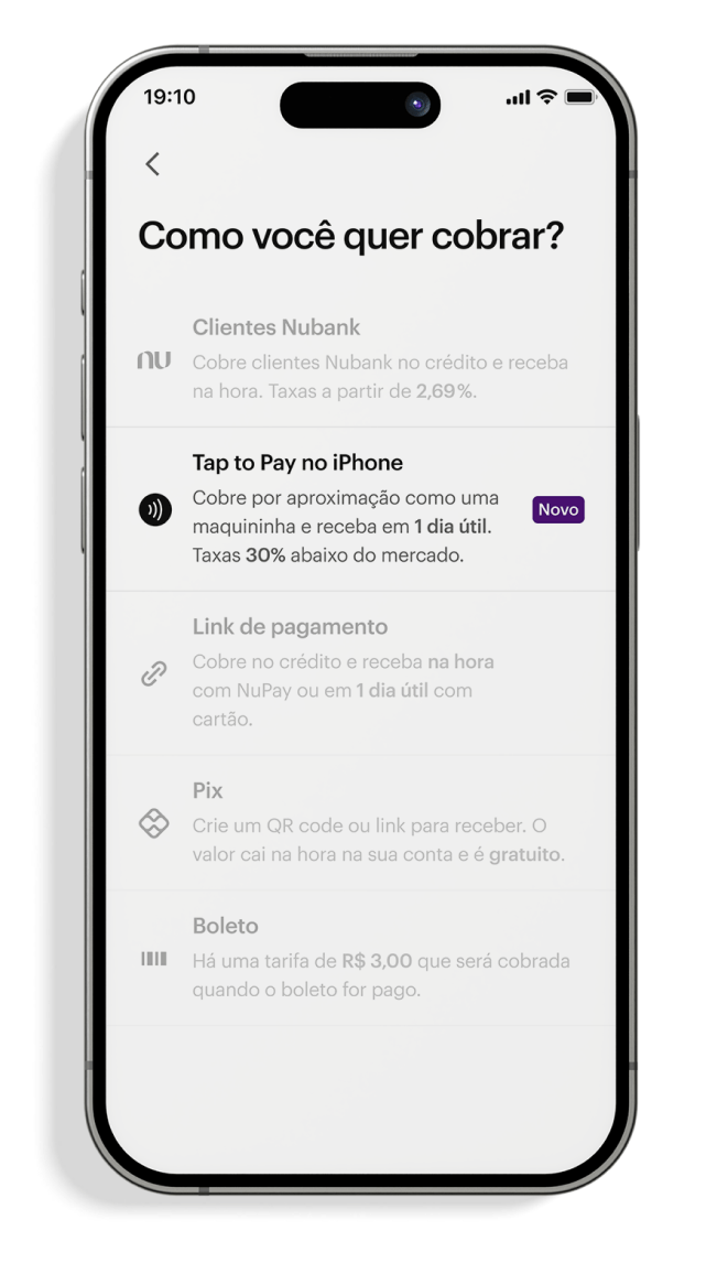 Tela de celular mostrando como cobrar usando o nu tap
